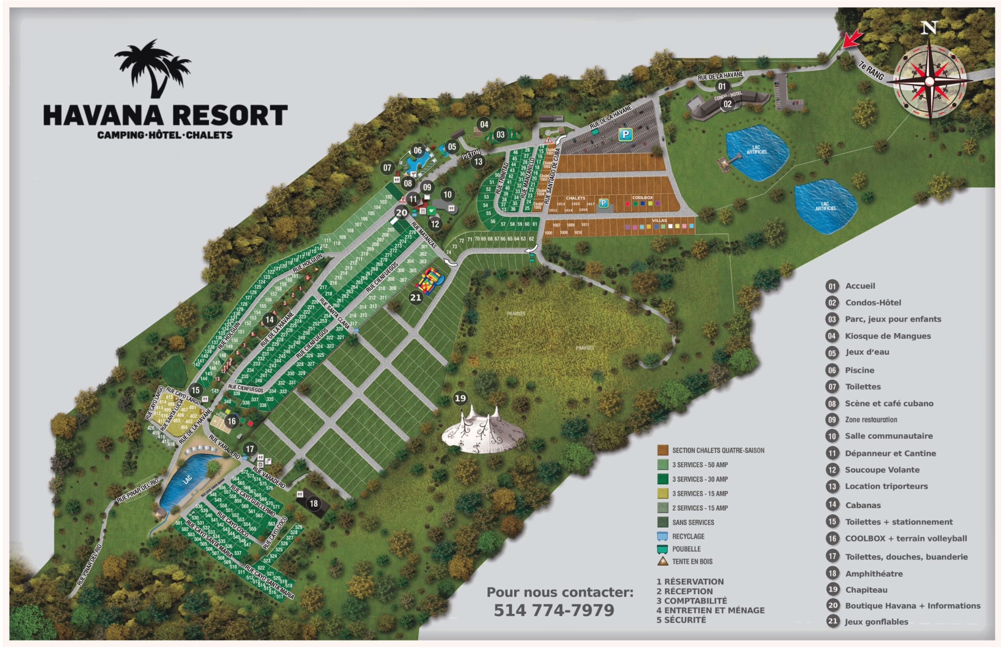 Carte officielle du Camping Havana Resort montrant les rues, le lac, les chalets et les services